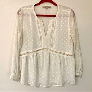 LOFT Pindot V-neck White Blouse Size S